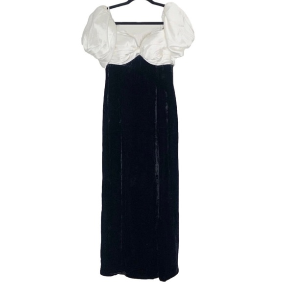 Ronny Kobo Cyndi Maxi Dress Puff Sleeve Ivory Black Velvet Slit Dress Gown US 2 - Picture 2 of 15